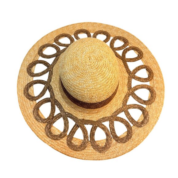 Wide Brim Straw Sun Hat Cutout Brim Resort Cruise Beach Coastal Baja Statement